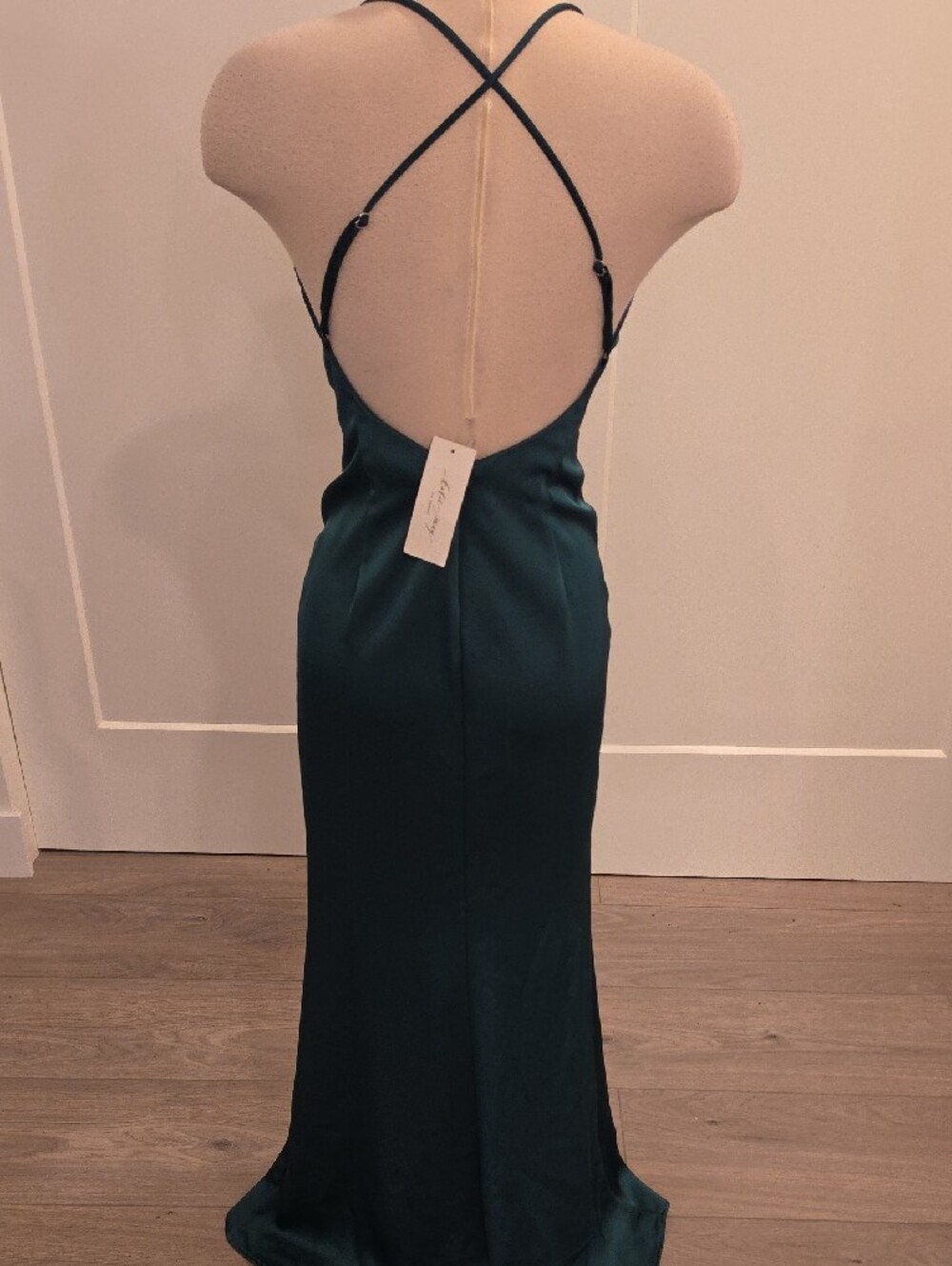 Katie May Tara gown in Forest Green Satin w/ draped bust area. Size S NWTS - Picture 10 of 12